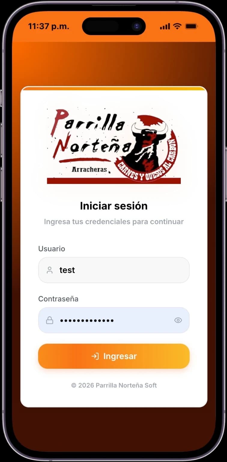 App móvil de ParrillaNorteña Soft en un iPhone, en la pantalla de inicio de sesión