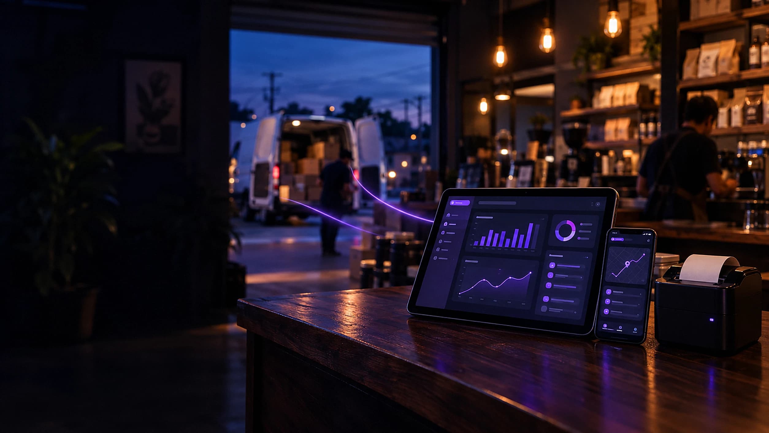 Tablet con tablero de ventas, celular e impresora de tickets sobre el mostrador de un negocio al anochecer; al fondo, la camioneta de reparto y el almacén conectados por un hilo de luz violeta