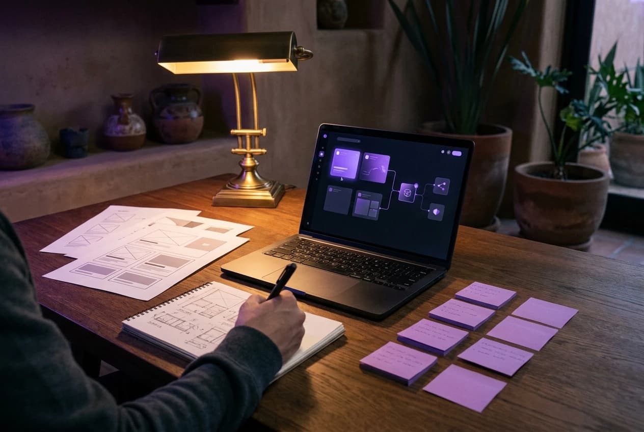Escritorio con bocetos de pantallas, notas adhesivas y una laptop con el diagrama del sistema